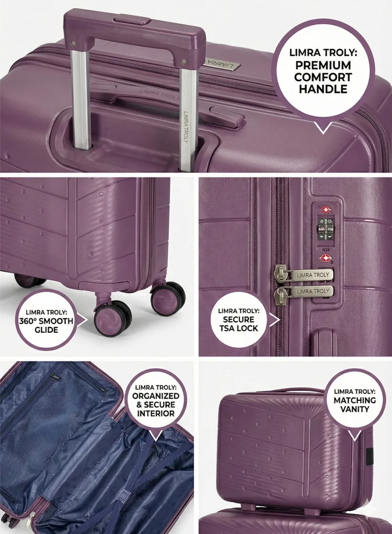 ليمرا طقم شنط سفر 3 قطع من البولي بروبلين عالي الجودة - هيكل صلب مقاوم للكسر والصدمات مع عجلات دوارة 360 درجة - لون بنفسجي